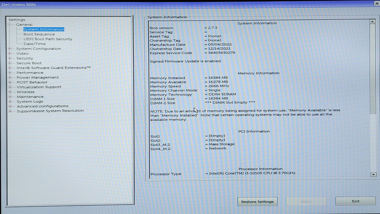 Dell Vostro 3681 SFF, i3-10105 3.70GHz, 16GB DDR4, 256GB NVMe