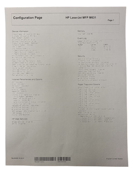 HP LaserJet Enterprise Flow MFP M631 Multifunction Printer J8J65A $