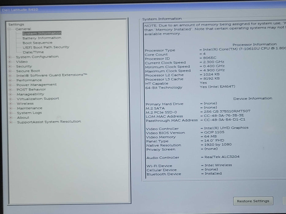 Dell Latitude 5410 Intel Core i7-10610U 1.80GHz 16GB DDR4 256GB NVMe, READ _ Lap200