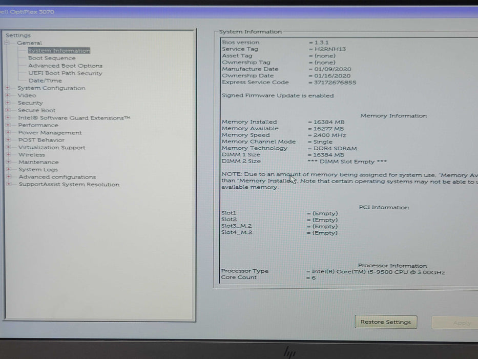 Dell OptiPlex 3070 SFF i5 - 9500 @ 3.00GHz 16GB DDR4 Ram _