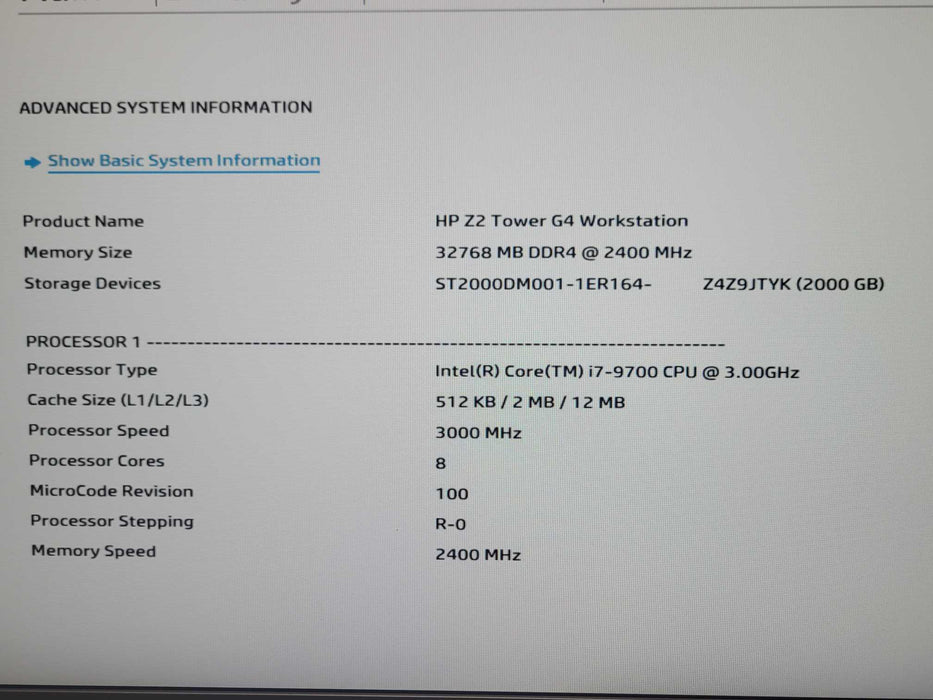 HP Z2 Tower G4 Workstation Core i7-9700 3.0GHz 32GB 2TB HDD Quadro K2200 _