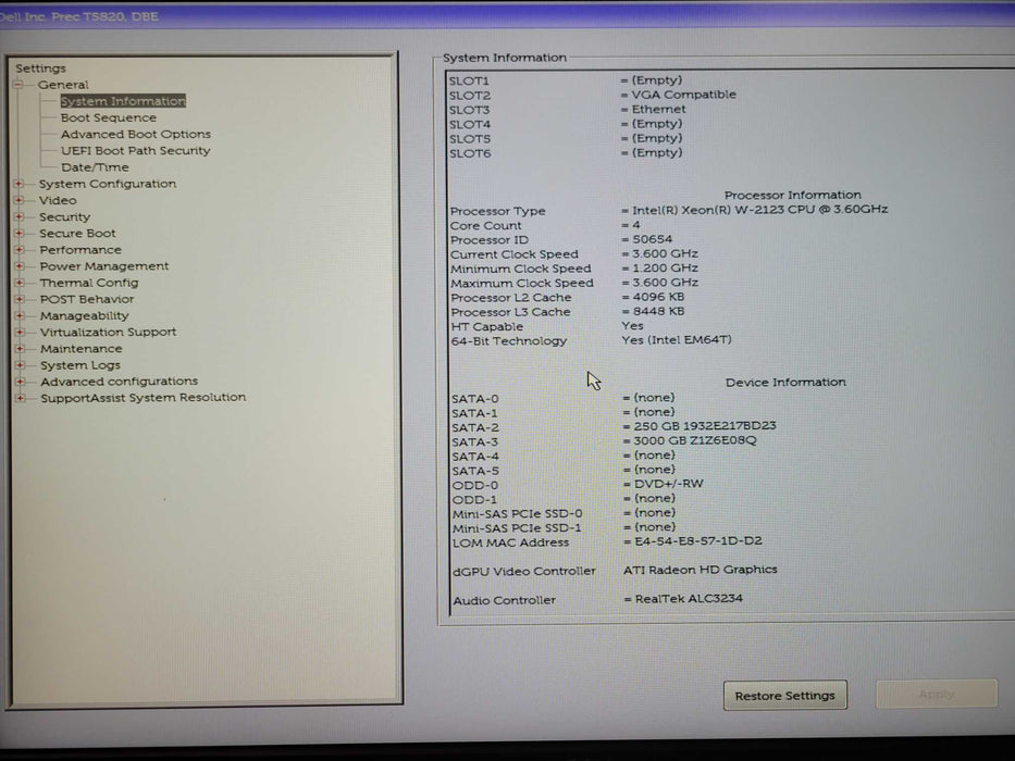 Dell T5820 Xeon W-2123 3.6GHz, 16GB RAM, AMD W5100 GPU, 250GB SSD+3TB HDD _