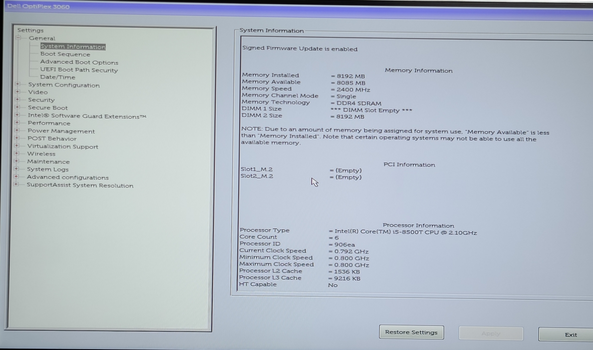 Dell OptiPlex 3060 USFF i5-8500T@2.10GHz RAM 8GB DDR4 NO-HDD/SSD