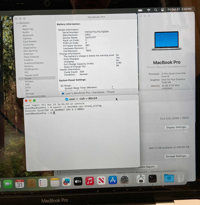 Apple MacBook Pro 13" 2020 i5-1038NG7 16GB RAM 512GB SSD No Power Adapter