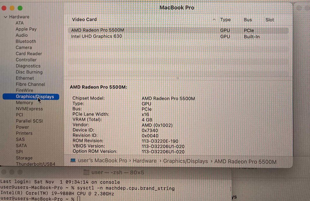 Apple MacBook Pro 16" 2019 i9-9880H Radeon PRO 5500M 16GB RAM 1TB SSD READ