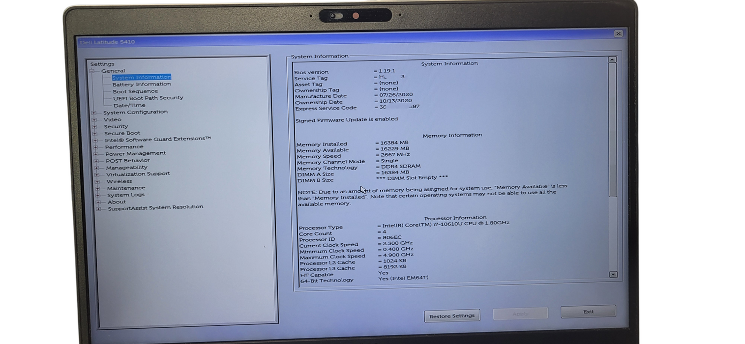 Dell Latitude 5410 i7-10610U|16GB DDR4|256GB NVME W/AC  Lap200