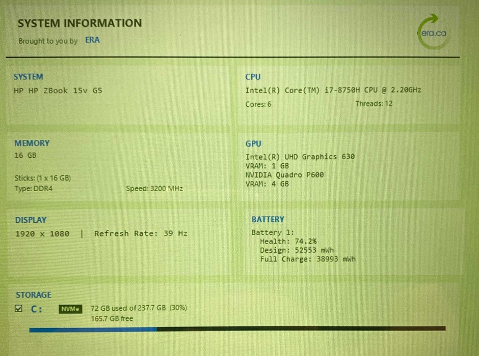 HP ZBook 15v G5 TOUCH i7-8750H QUADRO P600 4GB GPU 16GB RAM 256GB SSD  Lap200