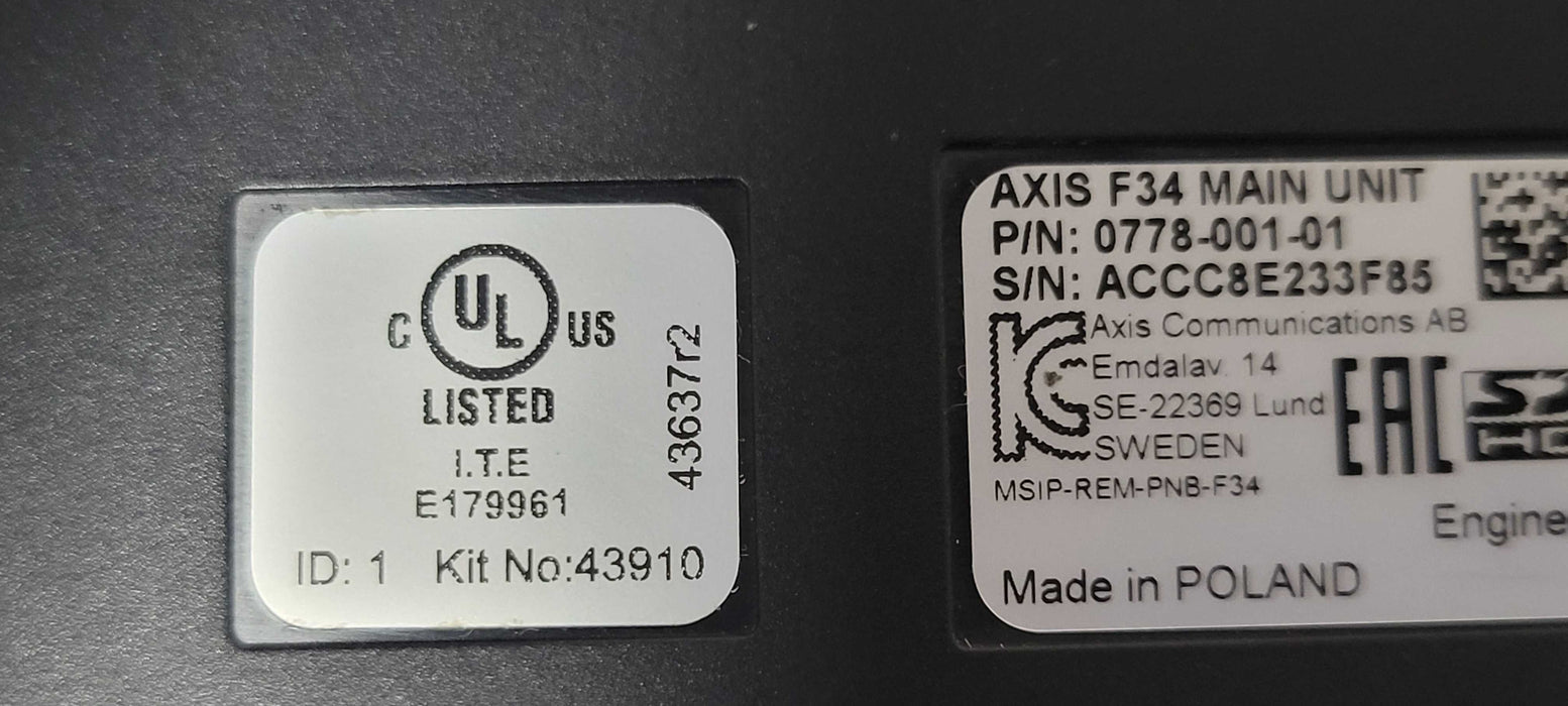 Axis F34 Main Unit 0778-001-01, No SD Card _