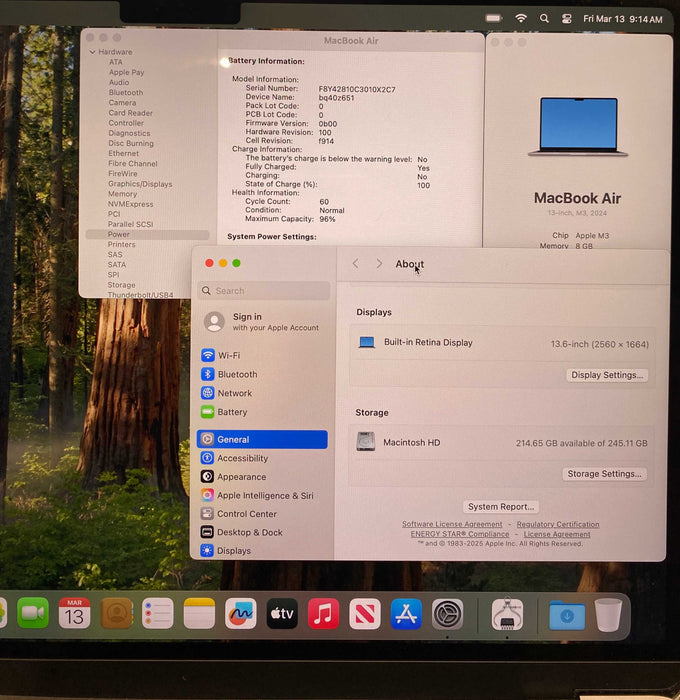 Apple MacBook Air 13" M3 2024 8GB RAM 256GB SSD No Power Adapter