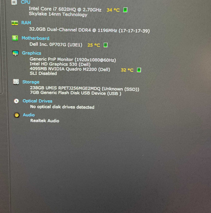 Dell Precision 7520 i7-6820HQ QUADRO M2200 4GB GPU 32GB RAM 256GB SSD READ! Q Lap200