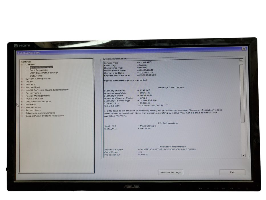 Dell OptiPlex 3080, i5-10500T@2.30GHz, 8GB DDR4, 256GB NVMe, no OS