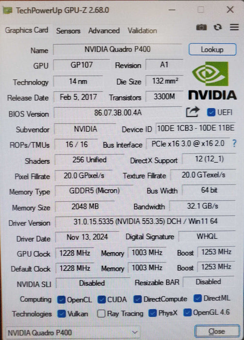 NVIDIA Quadro P400 2GB GDDR5 Graphics Card
