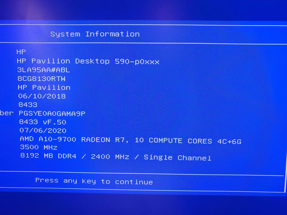 HP Pavilion 590 DESKTOP W/AMD A10-9700CPU/8GB DDR4/2TB HDD NO OS