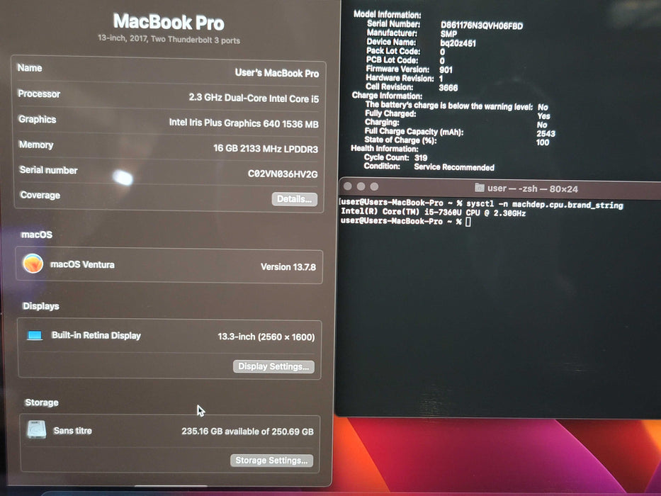 Apple MacBook Pro 13" 2017 i5-7360U 16GB DDR3L 250GB SSD FR KB Service Batt β Lap200