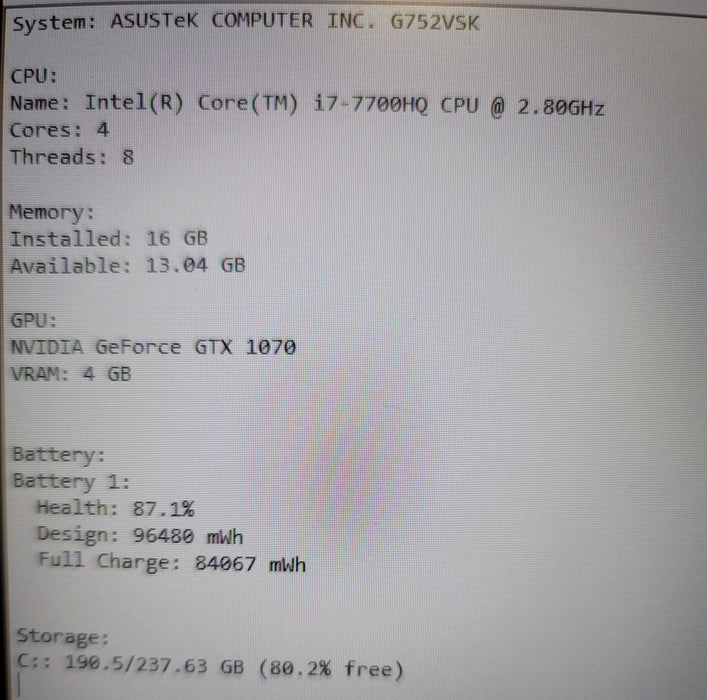 ASUS ROG GFX72V i7-7700HQ 16GB DDR4 GTX 1070 256GB SSD READ  β Lap200