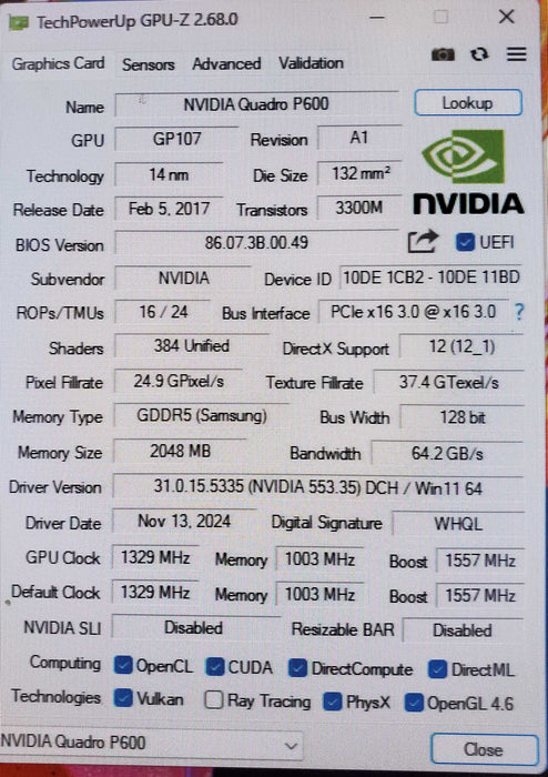 Lenovo NVIDIA Quadro P600 2GB GDDR5 Graphics Card w/ Heatsink - 01MN287