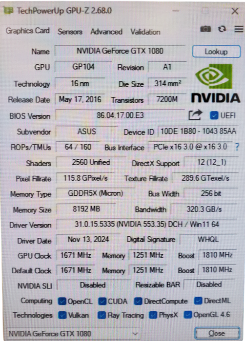 ASUS Strix NVIDIA GeFroce GTX 1080 8GB GPU STRIX-GTX1080-A8G-GAMING