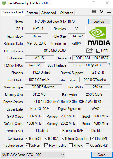 ASUS Turbo NVIDIA GeForce GTX 1070 8GB GDDR5 Graphics Card Q