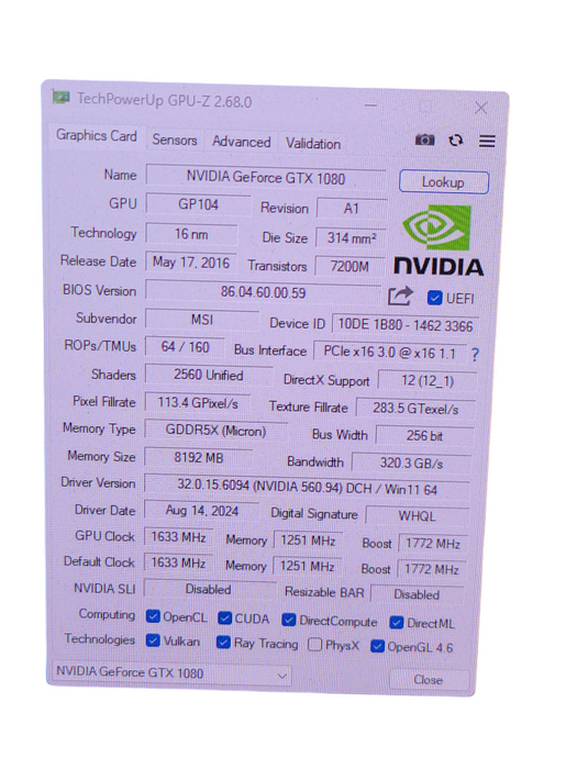 MSI NVIDIA GEFORCE GTX 1080 8GB PCIE %