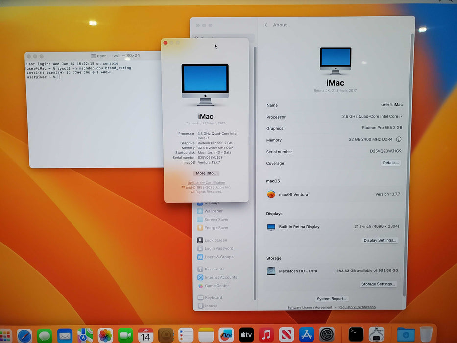 Apple iMac Retina 4K 2017 21.5" A1418, i7-7700 CPU 3.60GHz 32GB RAM 1TB HDD