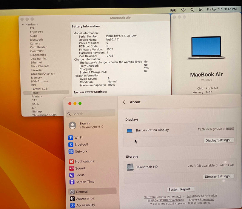 Apple MacBook Air M1 13 " 2020 8GB RAM 256GB SSD No Power Adapter