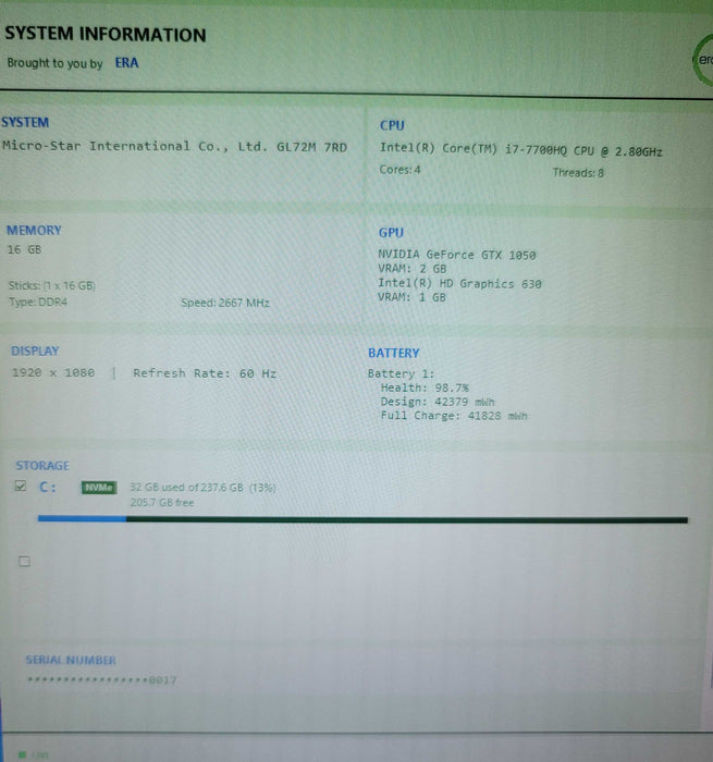 MSI GL72M i7-7700HQ 16GB RAM GTX 1050 256GB SSD no adapter β Lap200 β Lap200