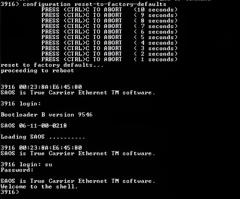 Ciena 3916 Series Service Delivery Switch 170-3916-904, Factory Reset