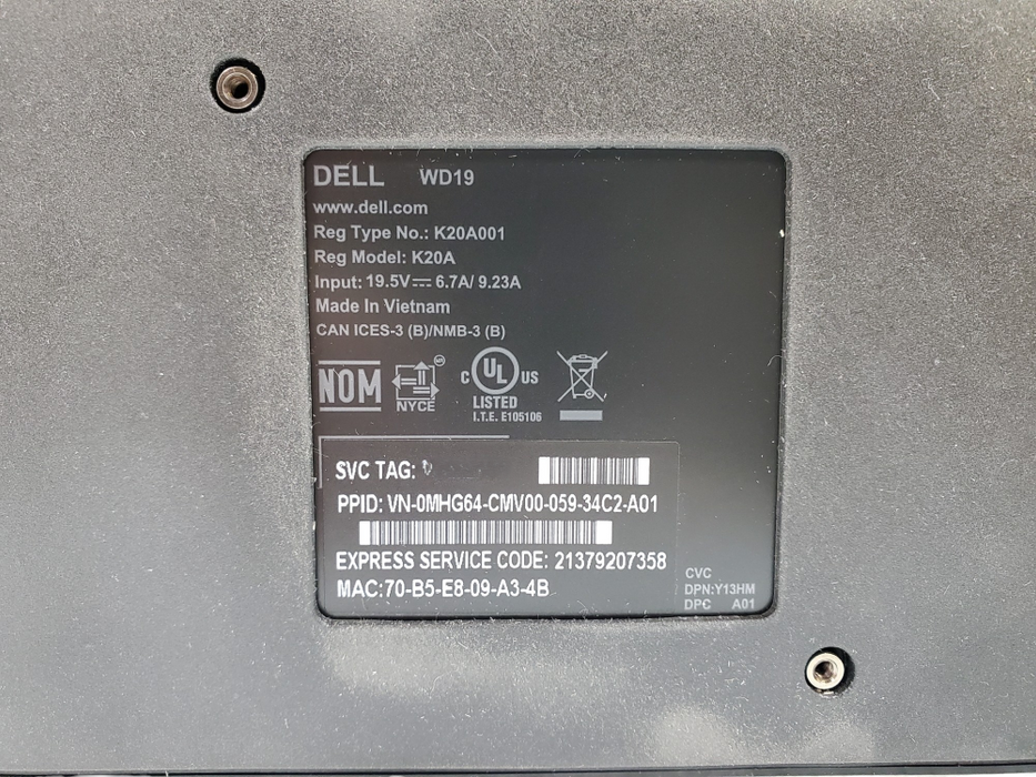 Dell WD19 Thunderbolt Docking Station w/ 180W AC Adapter Q