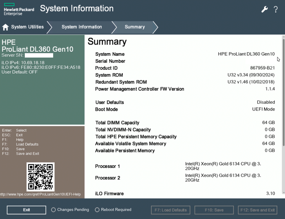 HP DL360 Gen10 1U 8x2.5", 2x Xeon Gold 6134  3.20GHz, 64GB DDR4, P408i-a