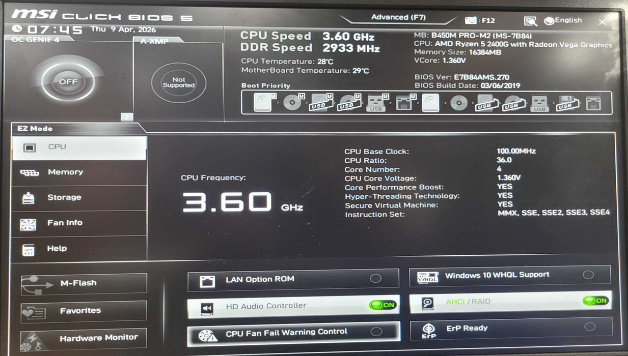 Custom PC/MSI B450M PRO-M2 | Ryzen 5 2400G 16GB DDR4 256GB NVMe