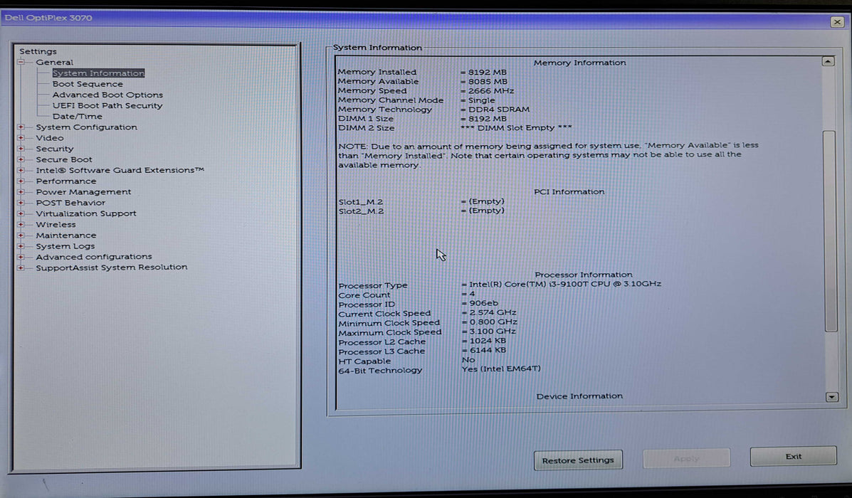 Dell OptiPlex 3070 USFF | Core i3-9100T @3.10GHz, 8GB DDR4, 256GB SSD