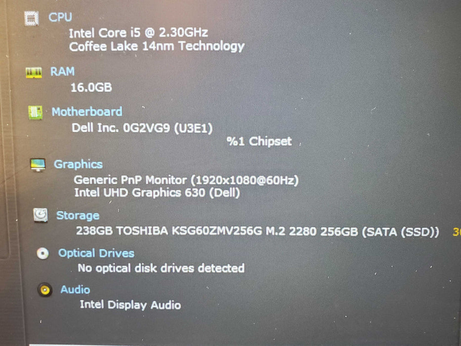 Dell Latitude 5591, Intel Core i5-8300H @2.30Ghz, 16GB RAM, 256NVME  Lap200