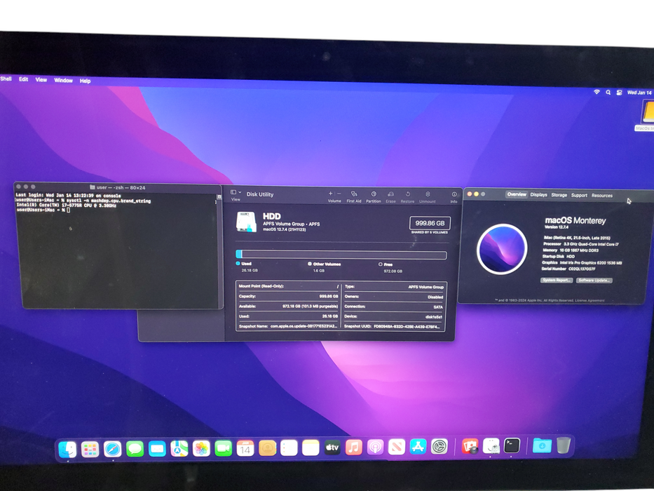 Apple iMac 21.5" 4K A1418 2015, i7-5775R 3.30 GHz 16GB RAM 1TB HDD