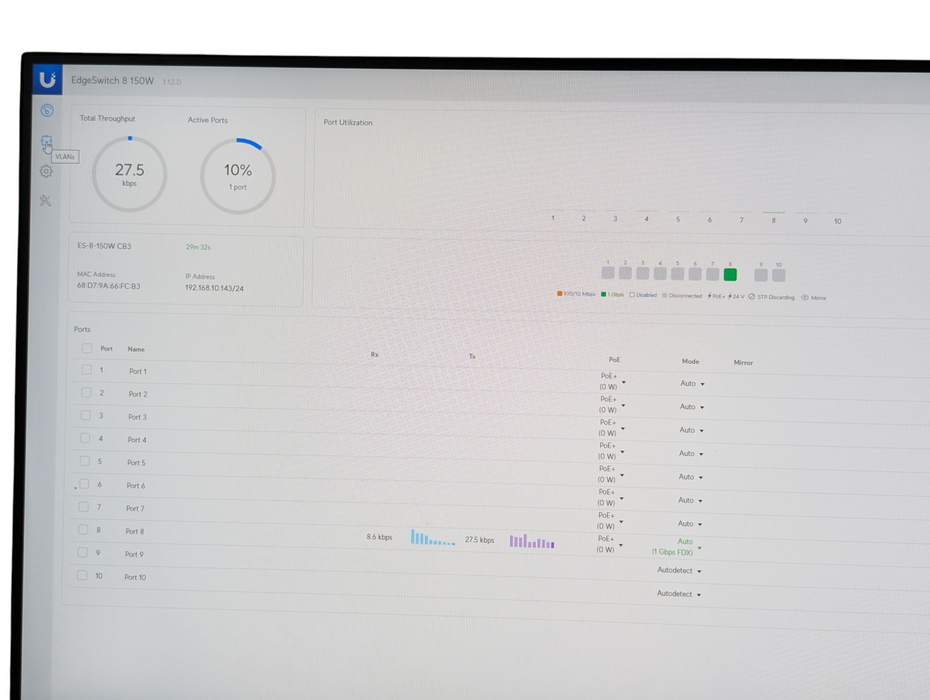 UBIQUITI ES-8-150W EdgeSwitch 8 150W  Managed PoE+ 8 Port Gigabit Switch -