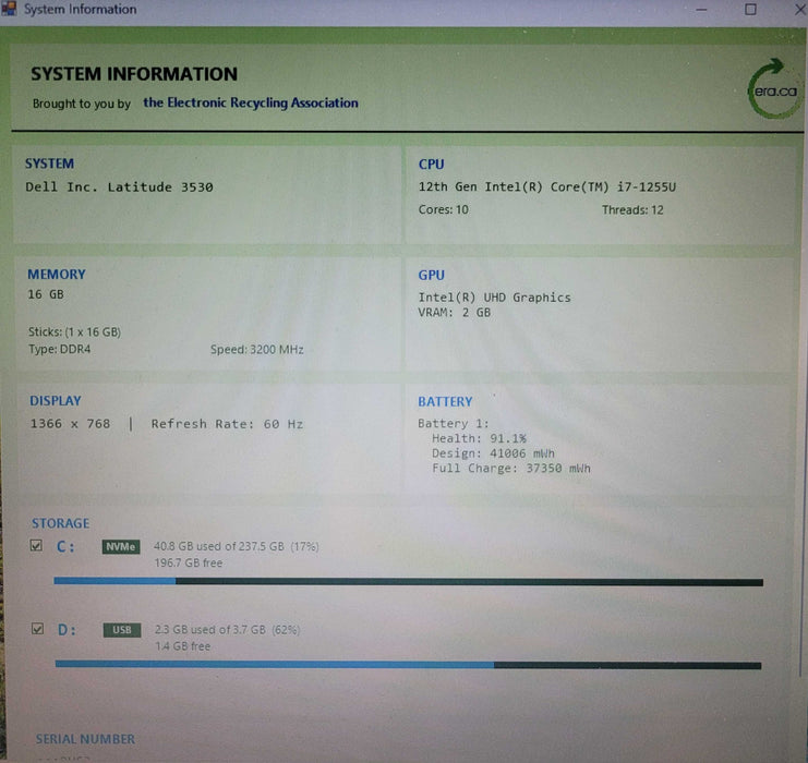 Latitude 3530 i7-1255U @1.70GHz 16GB DDR4 256GB NVMe |  READ!!!  Lap200