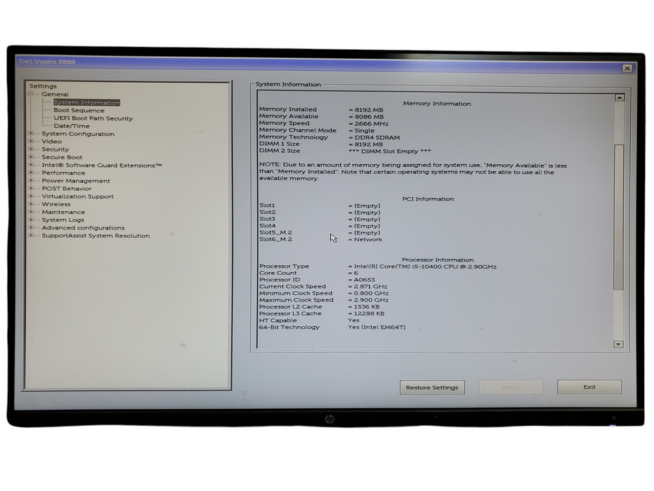 Dell Vostro 3888 Desktop Core i5-10400@2.90GHz 8GB DDR4 No HDD