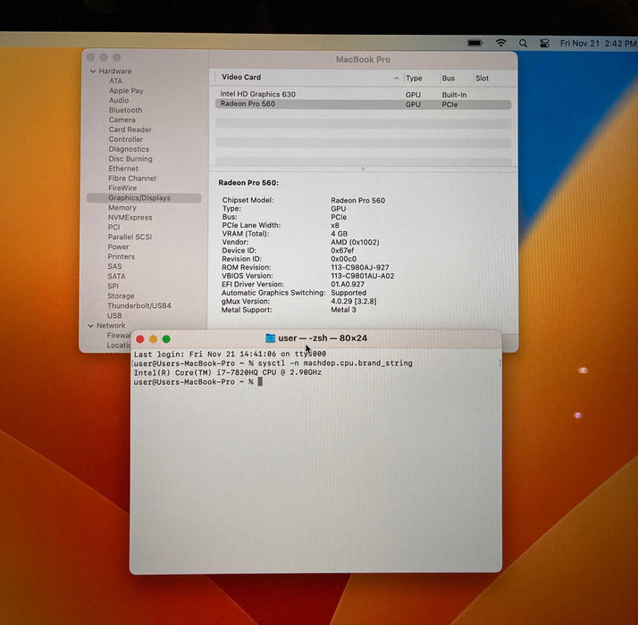 Apple MacBook Pro 15" i7-7820HQ Radeon Pro 560 4GB GPU 16GB RAM 512SSD READ