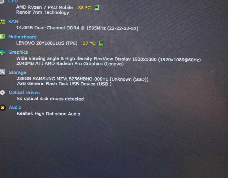 Lenovo ThinkPad P14s Ryzen 7 PRO 4750U Radeon Pro GPU 16GB RAM 256SSD READ! Q Lap200
