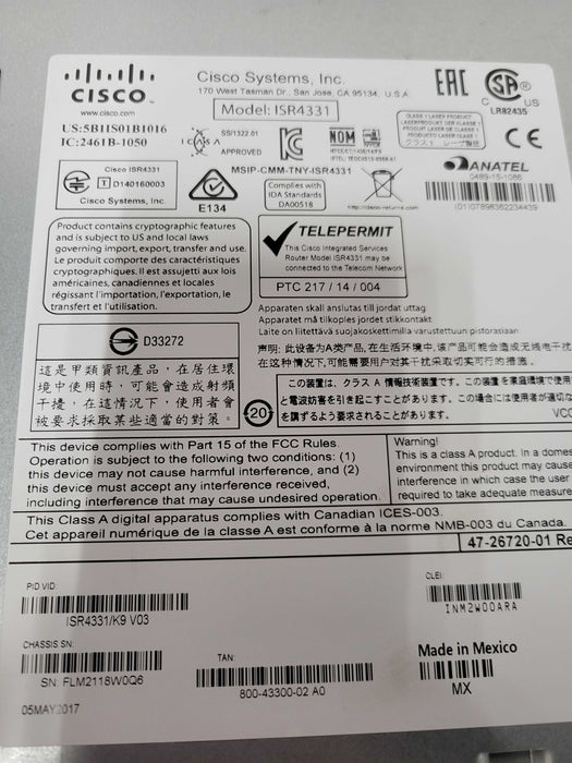 Open-Box Cisco ISR4331/K9 ISR 4331 Integrated Router w/ SM-X-ES3-16-P Modul _