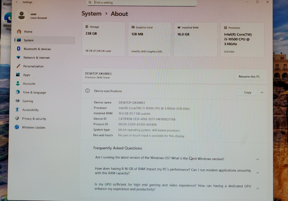 DELL PRECISION 3640 TOWER | INTEL CORE I5-10500@3.10 | 256GB | 16GB RAM |