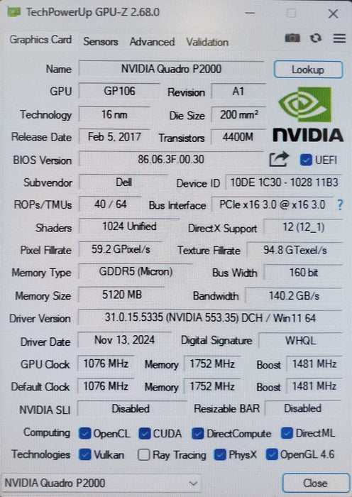 NVIDIA Quadro P2000 5GB GDDR5 Graphics Card | 4xDisplay Port