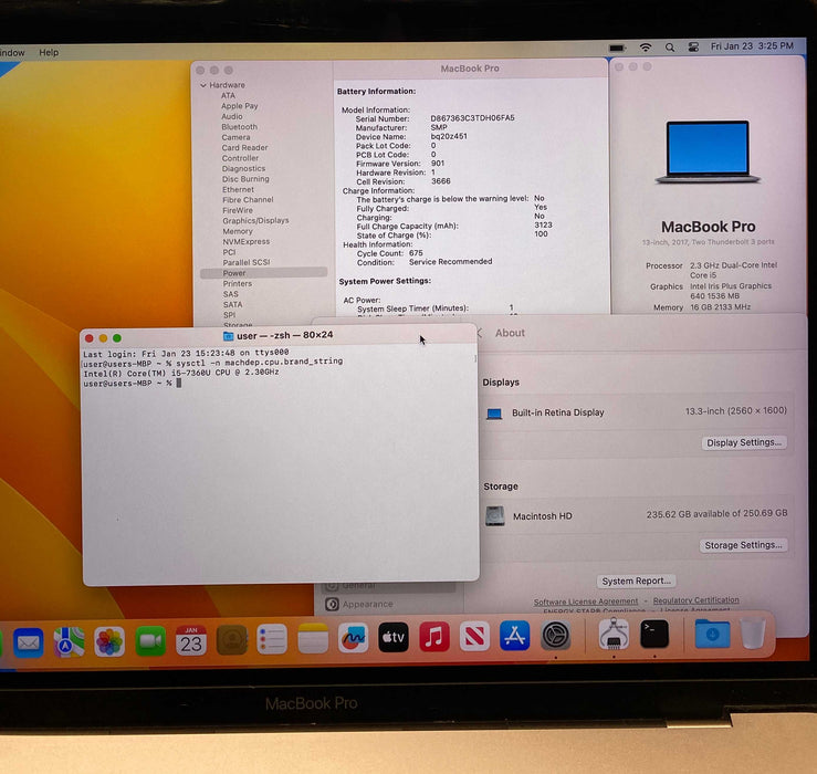 Apple MacBook Pro 13 2017 i5-7360U 16GB 256SSD Battery Service Recommended