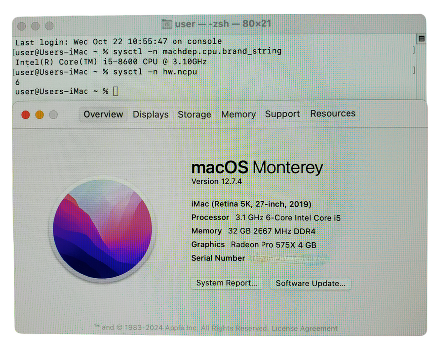 Apple iMac 27" Retina 5K 2019, i5-8600 CPU, 32GB, Radeon Pro 575X - 1TB