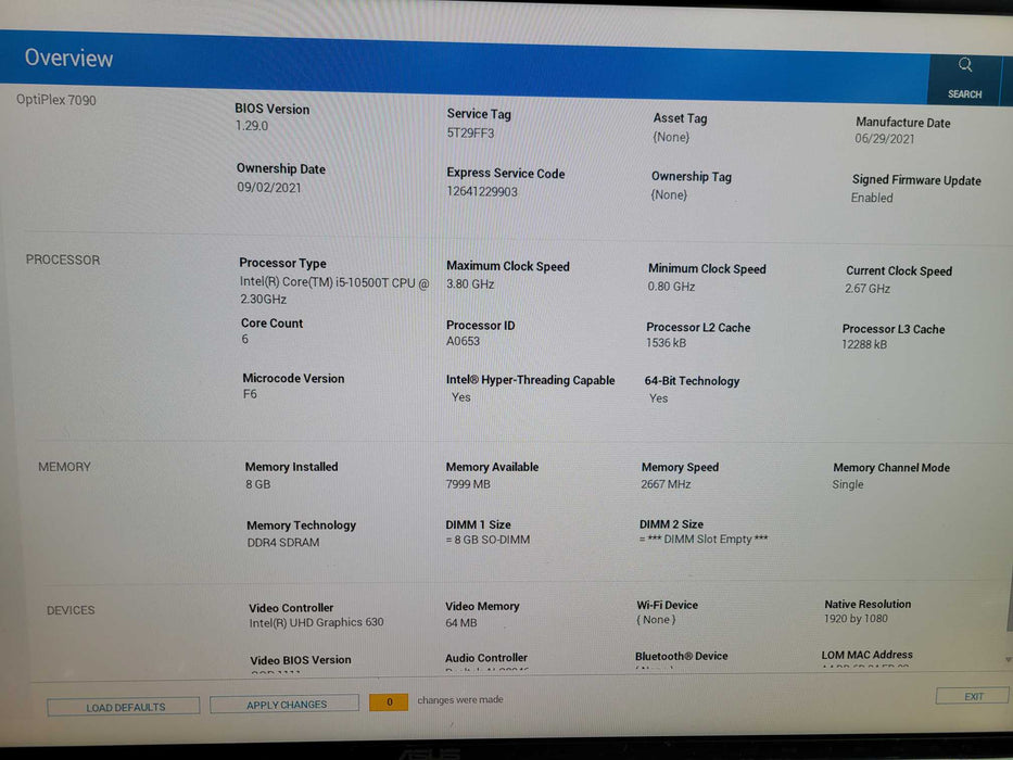 Dell OptiPlex 7090 - Core i5-10500T 8GB DRR4 256GB NVMe Q%