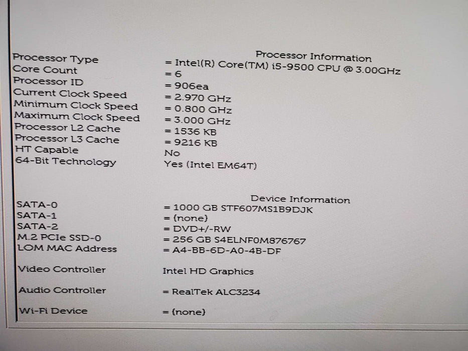 Dell Optiplex 3070 Intel i5-9500@3.0GHz 16GB RAM 256GB NVME, 1TB HDD, DVDRW