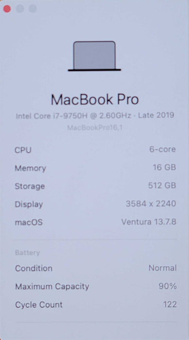 Apple Macbook Pro 2019 16" 6-Core i7-9750H@2.6GHz 16GB DDR4 500GB SSD GPU (
