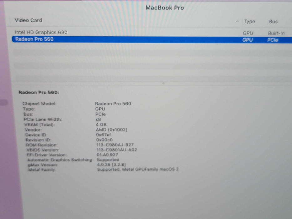 Apple Macbook Pro 2017 15" 4-Core i7-7820HQ @2.9GHz 16GB DDR3 500GB SSD GPU (