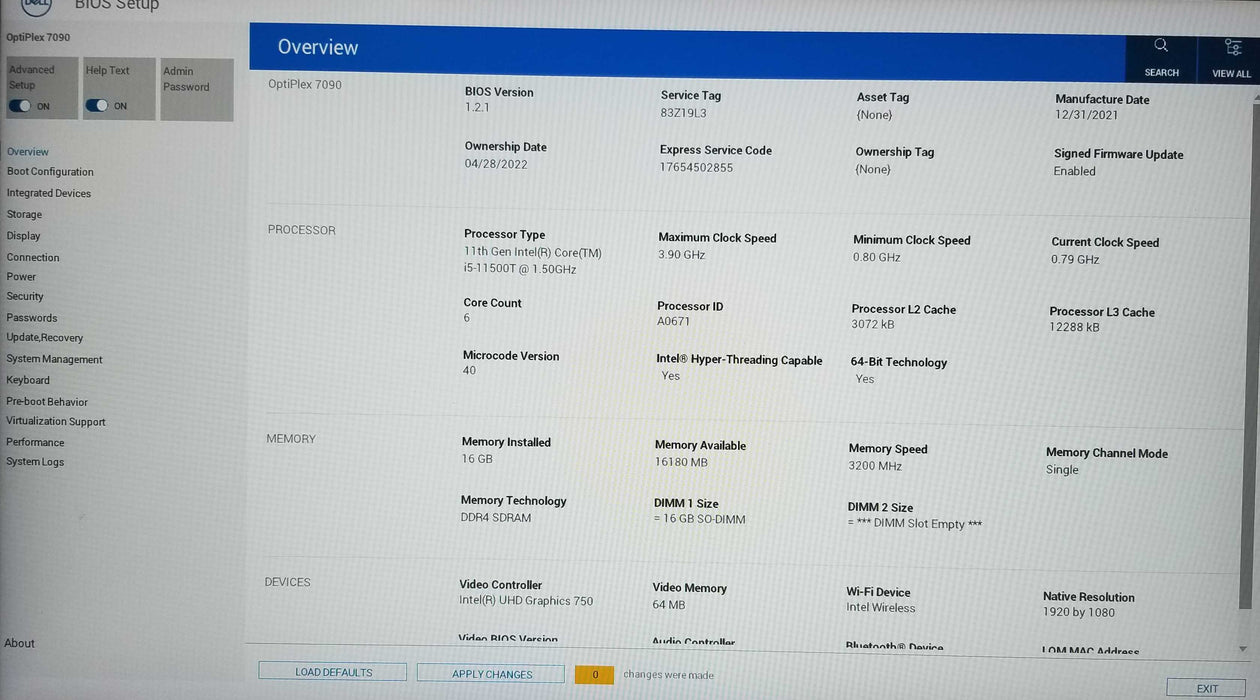 Dell OptiPlex 7090 Micro 11th Gen Core i5-11500T CPU 16GB RAM 256GB NVMe