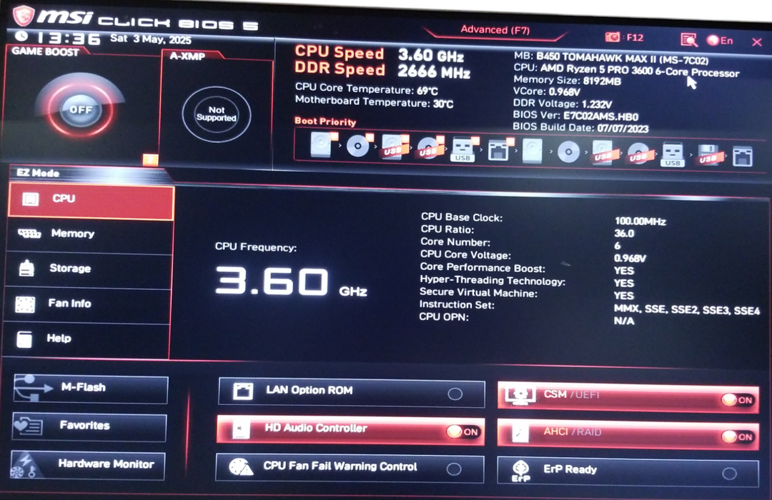 MSI B450 TOMAHAWK MAX II Gaming, with AMD Ryzen 5 Pro 3600 - 8 GB RAM