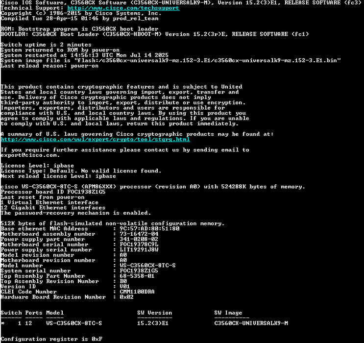 Cisco WS-C3560CX-8TC-S 8-port Gigabit 2-port SFP compact Switch !